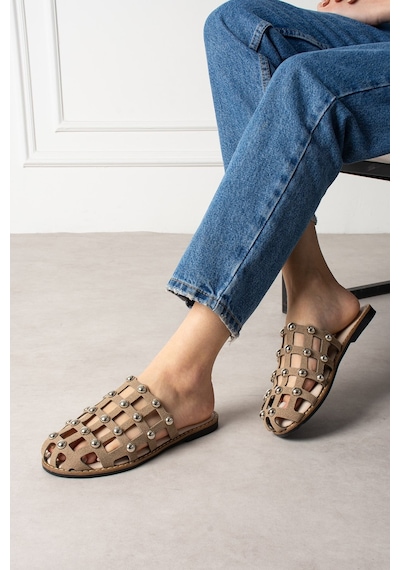 Shoetek Livya Kadın Terlik Pimli Vizon Süet