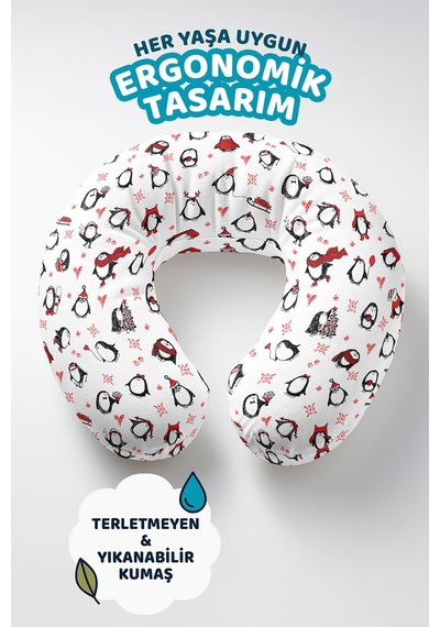 Sevimli Penguen Desenli Pamuklu Boyun Yastığı - Kış Temalı Beyaz Kırmızı Yumuşak Seyahat Yastığı Pastel Kanyon Kehribar