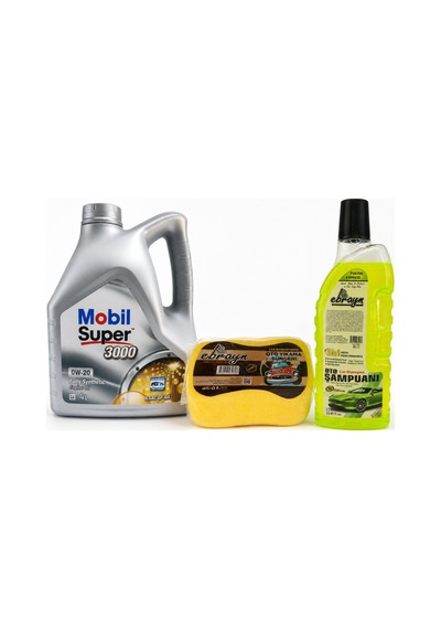Mobil Süper 3000 0W-20 Tam Sentetik Motor Yağı 4 L + Oto Şampuan 1000 ML + Yıkama Süngeri