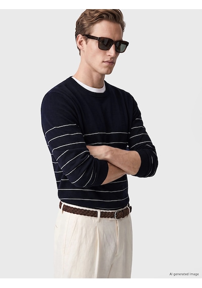 LC Waikiki Southblue Lacivert Bisiklet Yaka Çizgili Erkek Triko Kazak Navy