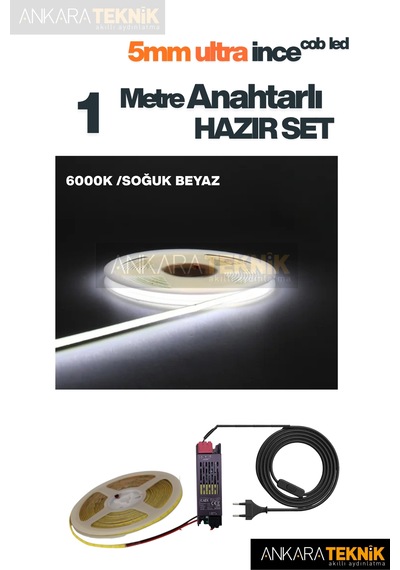 Ankara Teknik 5mm Ultra Ince Cob Şerit Led - 6000k Soğuk Beyaz 12volt Tak Çalıştır Anahtarlı Set Metre Seçiniz 1 Metre