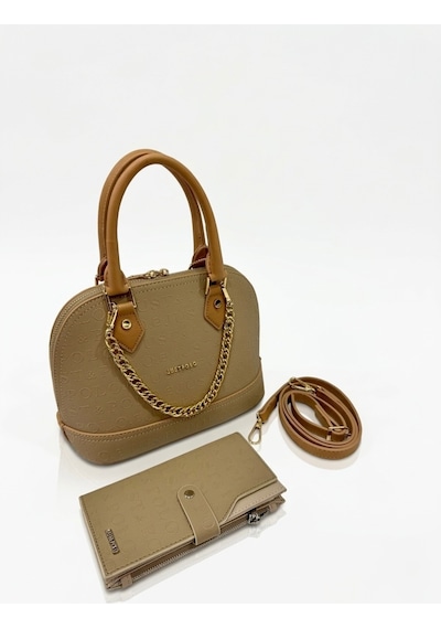 Just Polo Kadın Zincir Detaylı Lüks El & Omuz Çantası Ve Cüzdanı Kombin Shopper Ebat : 25x22 Cm Vizon
