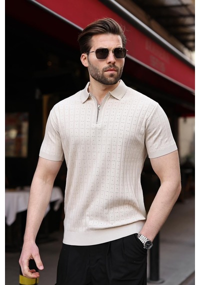 Taş Rengi Polo Yaka Slim Fit Triko Erkek Tişört E7465 Taş Rengi