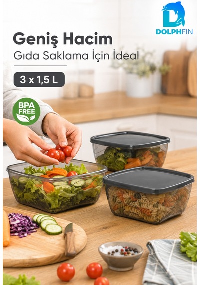3 Lü Kare Saklama Kabı Seti 3x1,5 Litre Füme Şeffaf Siyah Kapaklı Bpa İçermez