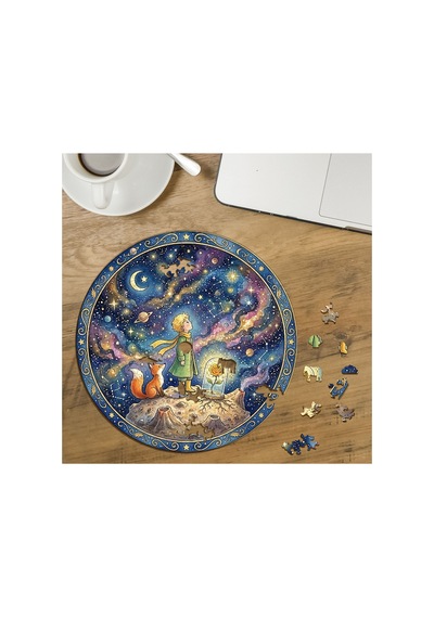 Küçük Prens Ve Tilki - Fantastik Gökyüzü Tasarımlı Özel Kesim Yuvarlak 272 Parça Ahşap Puzzle Mpda877