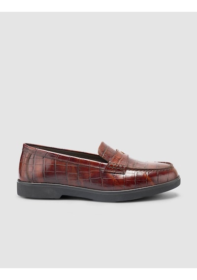 %100 Hakiki Deri Kahverengi Croco Desen Kadın Loafer Kahverengi
