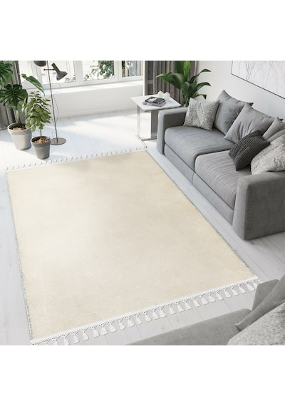 Vl Comfort Düz Saçaklı Peluş Halı Ekru Ekru