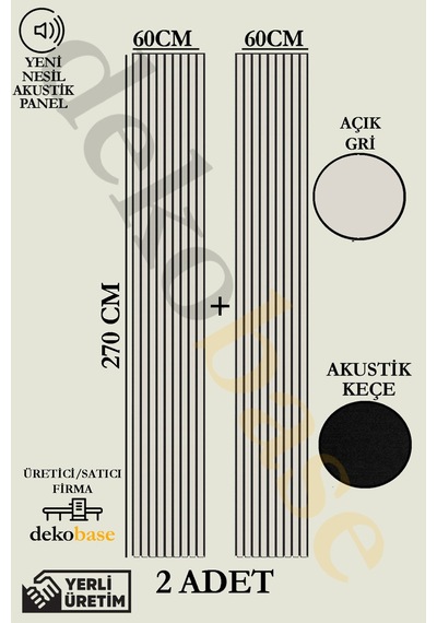 Açık Gri 2 Adet 60x270 Cm Yeni Nesil Akustik Ahşap Duvar Paneli