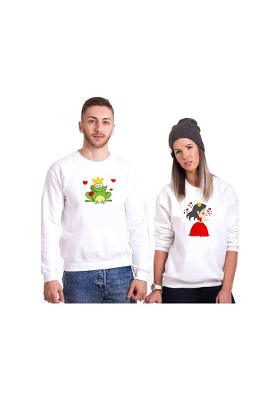 Tshirthane Kurbağa Prenses Sevgili Kombinleri Unisex Sweatshirt Kırık Beyaz