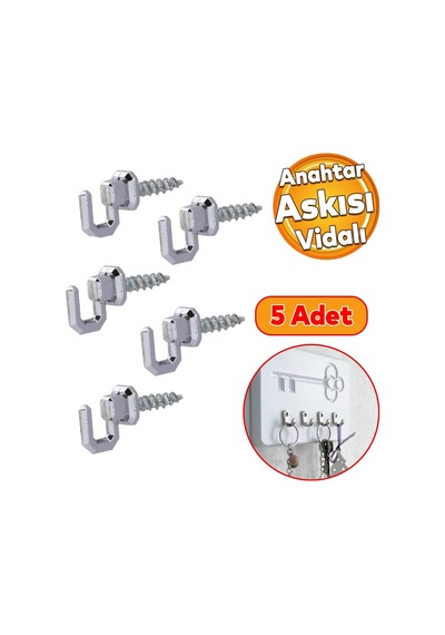 Badem10 Çengelli Duvar Dolap Çekmece Kapı Metal Anahtar Askı Anahtarlık Askısı Vidalı 5 Adet Diğer
