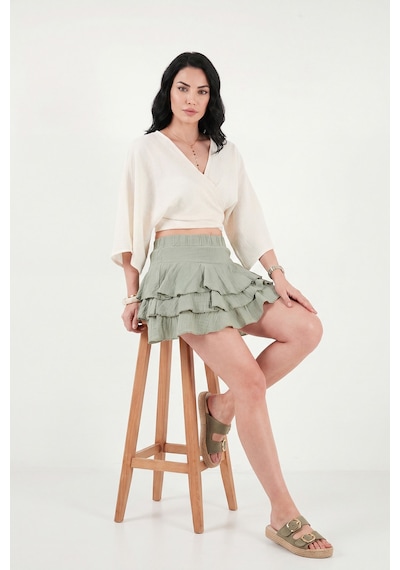 Lela Pamuklu Regular Fit Fırfırlı Mini Müslin Şort Etek Bayan Etek 5866662 Olive