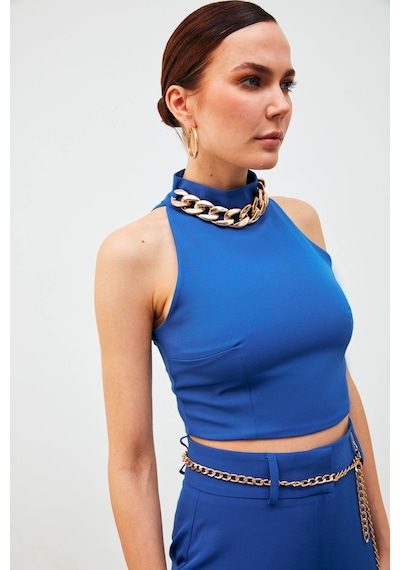 Sateen Zincir Aksesuarlı Crop Bluz - Sax Mavi Saks Mavisi