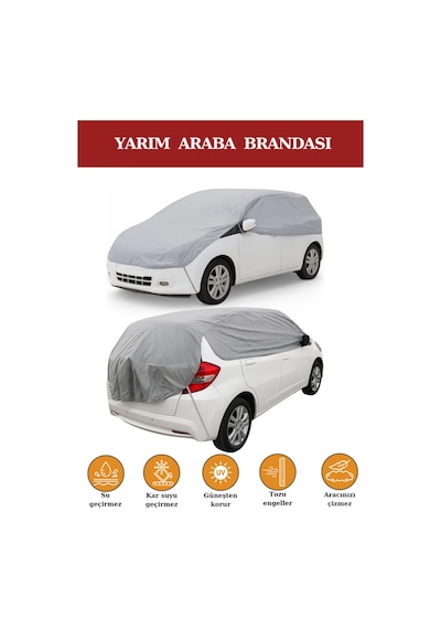 Gri Yarım Araba Brandası, Su Geçirmez, Güneşten Korur, Toz Ve Kir Önleyici, Buzlanma Önleyici Gri