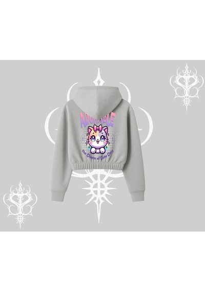 Startmore Adorable Kawaii Kedi Arka Baskılı Kapşonlu Crop Sweatshirt Gri