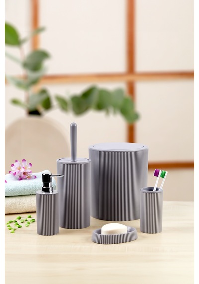 5'li Modern Ve Şık Banyo Seti, Sıvı Ve Katı Sabunluk, Diş Fırçalık, Çöp Kovası, Klozet Fırçası Gri