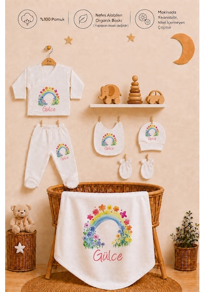 Pia Baby Kız Bebek Hastane Çıkışı Seti 10 Parça %100 Pamuk Kişiye Özel İsim Baskılı 1060103x Ekru