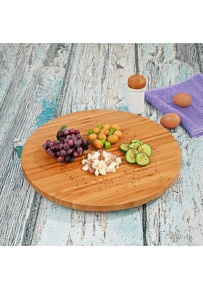 35cm Döner Mekanizmalı Kalın Bambu Yuvarlak Pizza Ve Sunum Tepsisi, 360 Derece Dönebilen Kahvaltı Sunum, Pizza Sunum Ve Börek Sunum Tepsisi 35cm 35cm 2cm Açık Gri