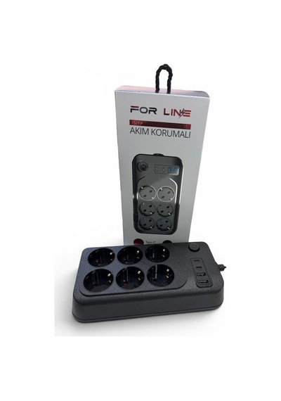 Forline 6 Soketli 2 Type-c + 2 Usb Girişli 2metre Kablolu Akım Korumalı Grup Priz 2 M