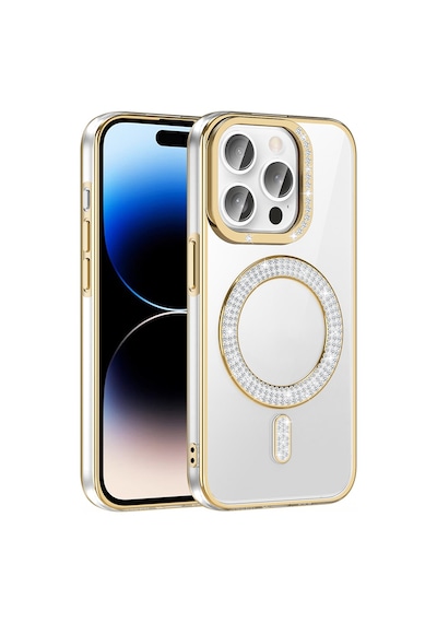 Apple Uyumlu iPhone 14 Pro Max Kılıf Pırlanta Taş Tasarımlı M-safe Şarj Özellikli Zore Karetta Silikon Kapak Mor