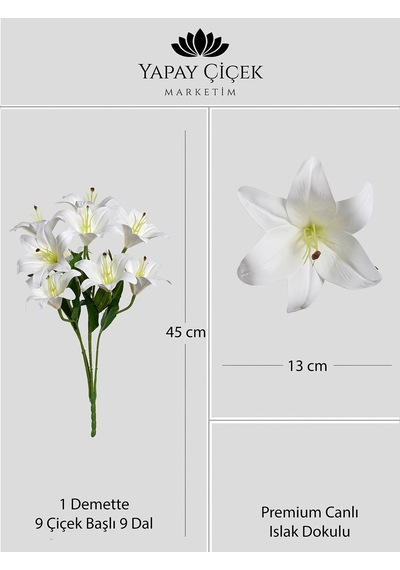 Beyaz Yapay Lilyum Çiçeği 9 Dallı Premium Canlı Islak Dokulu 55 Cm