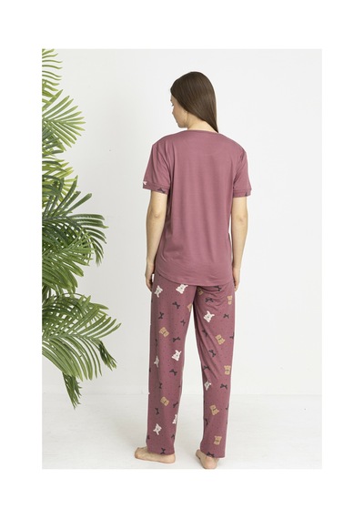 Estiva Kadın Ayıcık Alt Desenli Kısa Kollu Soft Pijama Takımı Pudra