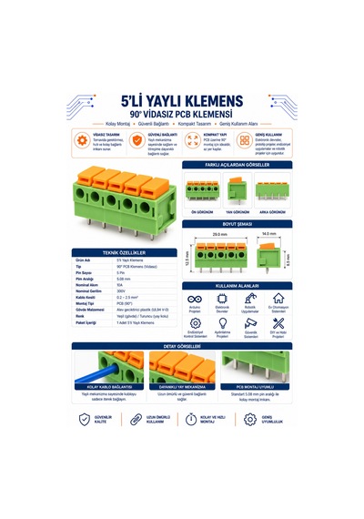 5'li Yaylı Klemens - 90 , Vidasız Pcb Klemensi