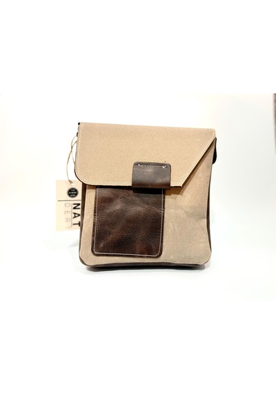 Natderi Hakiki Deri Ve Kanvas Omuz Çantası 20x21 Cm Ayarlanabilir Askılı, Ön Cepli Unisex Günlük Çanta Açık Bej - Acı Kahve