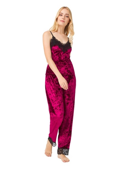 Cottonhill Vişne Dantel Detaylı Kadife Kadın Pijama Takımı VISNE