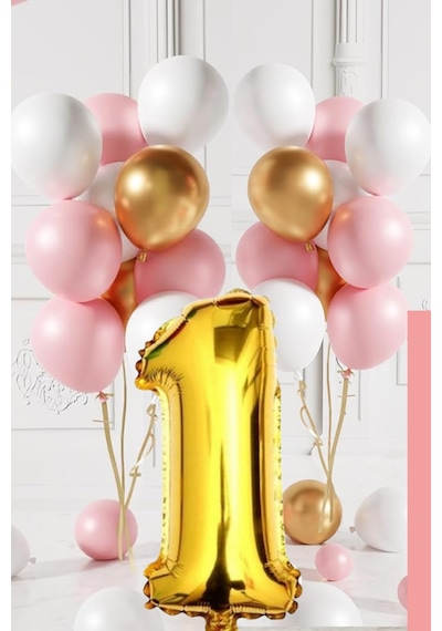 1 Yaş Retro Gold Pembe Beyaz Balon Seti Gold Rakamlı Doğum Günü Balonu Şık Parti Süsleme Çok Renkli