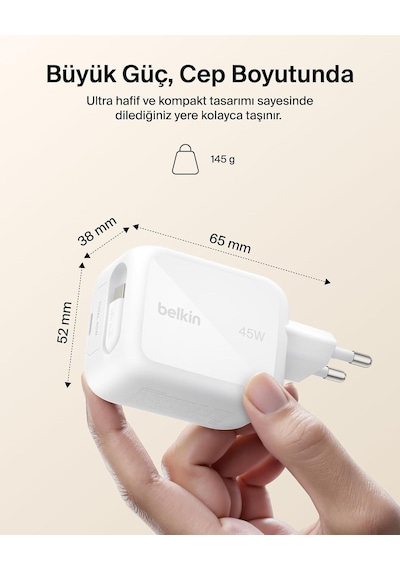 Belkin Ultracharge 45 W Gan Şarj Aleti, 0,8 M Geri Çekilebilir Usb-c Kablo İle, Beyaz