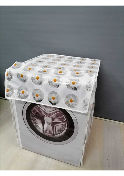 Papatya Desenli Pvc Çamaşır Ve Kurutma Makinesi Örtüsü - Su Ve Toz Geçirmez Leke Tutmaz Beyaz