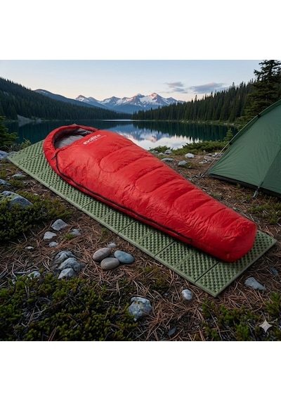 Evolite Alfa Pro Uyku Tulumu 0 Derece Kırmızı & Ultralight Comfort Katlanır Mat Haki Kamp Seti