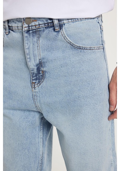 Tudors Erkek Relax Fit Geniş Kesim Boru Paça Yıkamalı Taşlamalı Boyfriend Esnek Mavi Jean Kot Pantolon-34487 Mavi