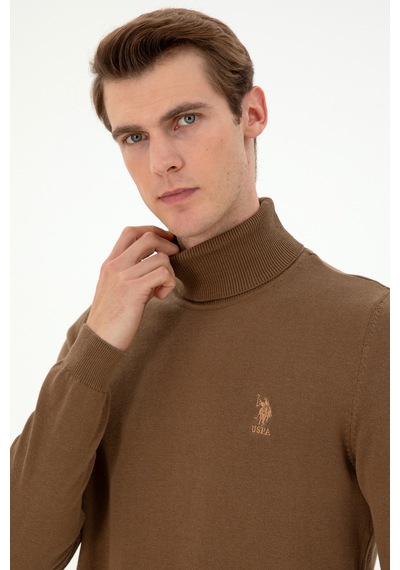 U.S. Polo Assn. Erkek Slim Fit Boğazlı Yaka Haki Melanj Basic Kazak 50288884-VR125