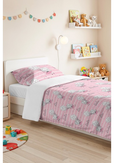 Evimde Bambaşka Pembe Balonlu Kız Çocuk Pike Takımı - Çizgili Beyaz Bebek Odası Mevsimlik Yatak Örtüsü - 160x220  CM