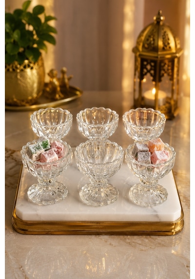 6 Lı Ayaklı Mini Kristal Cam Lüks Lokumluk Kahve Yanı Kase