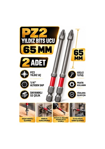 Pz2 Yıldız Bits Uç 65 Mm 2 Adet S2 Çelik 1/4 İnç Altıgen Şaftlı Tornavida Vidalama Ve Sökme Ucu