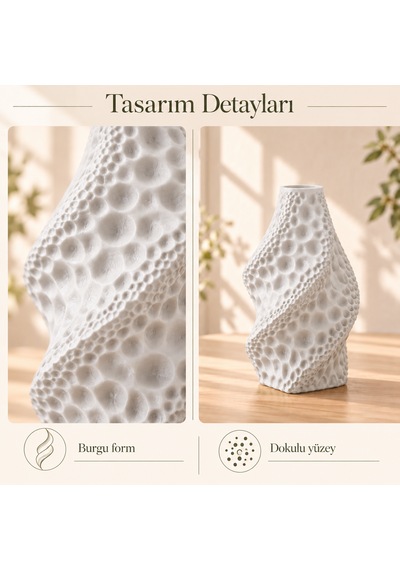 Dekoratif Vazo Burgu Formlu Taş Dokulu Modern Kuru Çiçeklik Beyaz