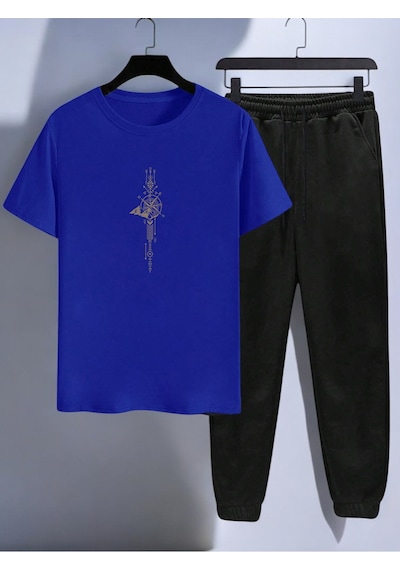 Uyguntarz Unisex Zaman Pusulası Tasarım Basklı Tshirt Eşofman Takımı Mavi