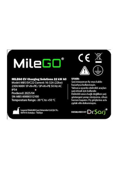 Milego 22kW 11kW Şarj İstasyonu Taşınabilir Elektrikli Araç Şarj Cihazı Ce Sertifikalı Tip 2 16A/32A