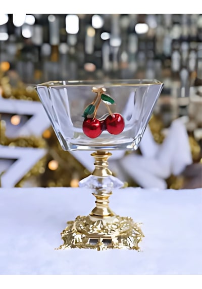 Assa Bazaar 6 Lı Kiraz Detaylı Gold Metal Ayaklı Magnolia Cup Mini Dondurmalık & Tatlı Kasesi Seti Kırmızı