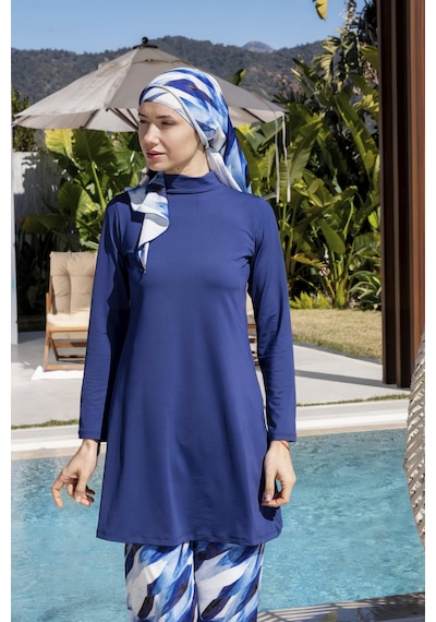 Mayom Bol Pantolonlu Tam Kapalı Desenli Tesettür Mayo - 2534 Lacivert-beyaz