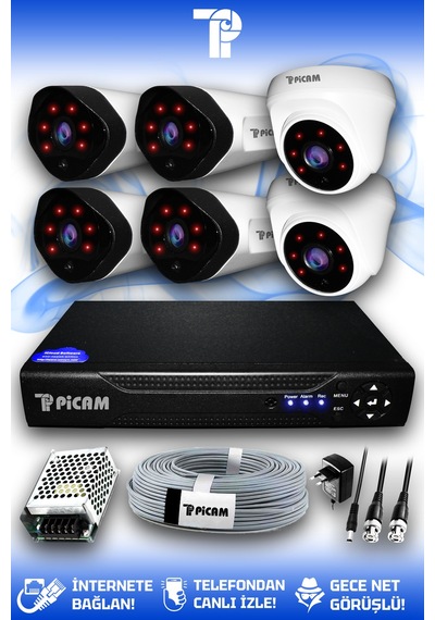 Picam 6 Kameralı Uzay 2 İç Kamera Set HDD'siz Full HD Gece Görüşlü Güvenlik Kamerası Sistemi