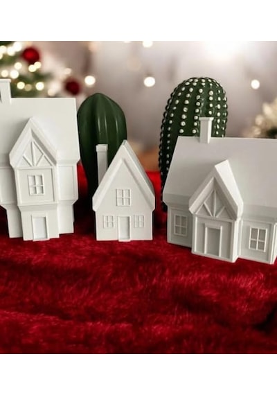 Metadesing Noel Evi Tealight Mumluk Seti, Yılbaşı Süsü, Pla Organik Plastik, Beyaz, 10x6x7 Cm Ve 8x8x9 Cm, 3 Parç Çok Renkli