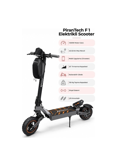 F1 Elektrikli Scooter 1000W Turuncu | Mobil Uygulama | Çift Amortisör | Uzun Menzil
