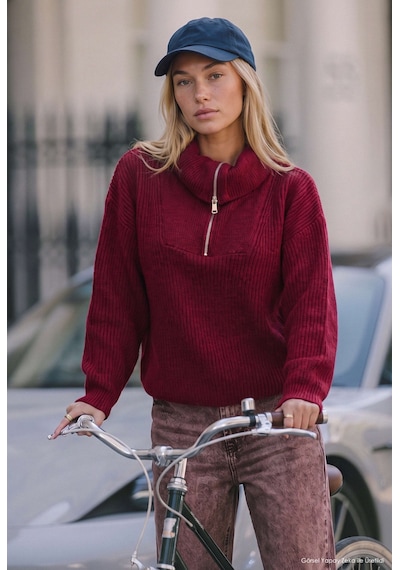 Kadın Bordo W6-35 Oversize Fermuarlı Triko Kazak