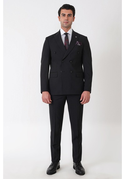 Efor Slim Fit Esnek %97 Yünlü Düz Siyah Kruvaze Takım Elbise Tk 956