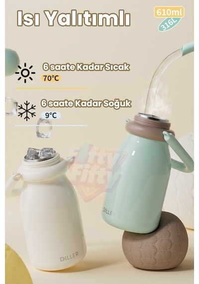 Dıller 610 Ml Premium Bardak Kapak Çift Kullanım Pipetli Rahat İçim Kulplu Askılı Paslanmaz Çelik Termos Ff9512 Yeşil