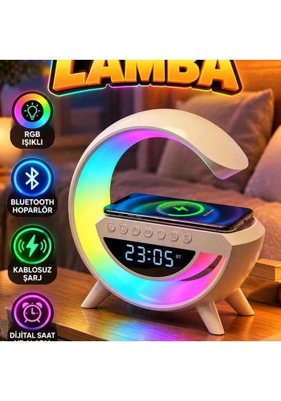 Rgb Işıklı Kablosuz Şarjlı Bluetooth Hoparlörlü Dijital Saat Ve Alarm Özellikli Masa Lambası