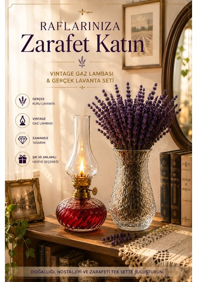 Vintage Gaz Lambası Ve Cam Vazo Gerçek Kuru Lavanta Seti Dekoratif Ev Salon Konsol Raf Süsü Hediyelik 3'lü Set